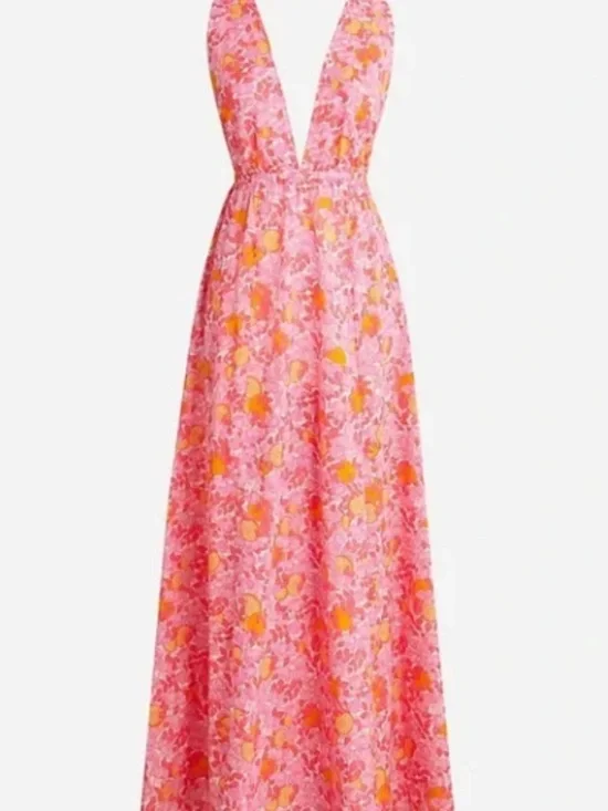 NWOT J. Crew Plunge-Neck Cotton Midi Beach Dress in Pink Limone Print - Small - Picture 3 of 7